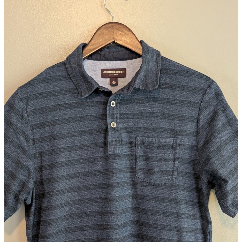 Johnston & Murphy Mens M Medium Blue Striped Pima Cotton Pocket Polo Shirt SS - Picture 2 of 6